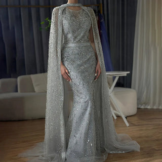 2025 Luxury Dubai Gray Arabic Mermaid Beaded Evening Gown with Detachable Long Cape for Women's Party