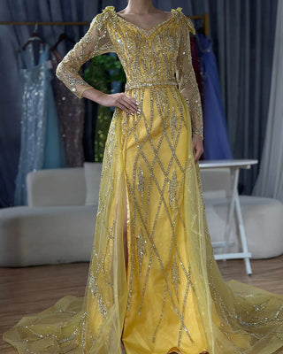 Ships in 1 to 3 Days - 2024 Muslim Gold Mermaid Evening Gown - Luxury Beaded Dress with Overskirt for Dubai Parties