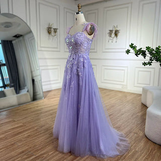 2024 Lilac Spaghetti Strap Lace-Up Back A-Line Appliques Feathers Prom Dress for Women Wedding Party