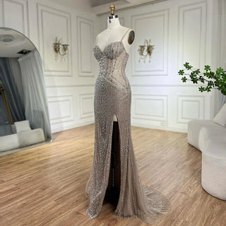 Arabic Nude High-Slit Spaghetti Strap Beaded Mermaid Evening Gown for Women - Wedding Party 2024