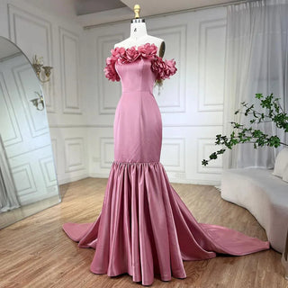 Arabic Pink Mermaid Satin Strapless Luxury Dubai Beaded Evening Dress - Women's Wedding Party 2024