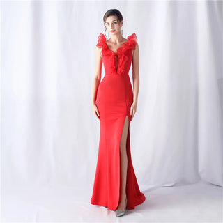 Sexy V-Neck Ruffle Celebrity Maxi Dress - Long Evening Party Dress for Women