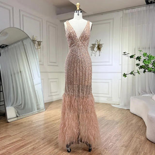 Dubai Luxury Feathers Mermaid Evening Gown - V-Neck Sleeveless Sparkle Evening Dress