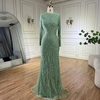 Ships in 1 to 3 Days - 2024 Muslim Sage Green Mermaid Cape Sleeves Beaded Satin Luxury Evening Dresses Gowns for Women Party