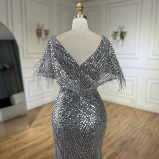 2024 Arabic Elegant Gray Mermaid Luxury Dubai Evening Gown with Feathers Beaded Dress for Women's Party