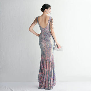 Sexy V-Neck Blue Sequin Beaded Prom Dress - Evening Party Maxi Dress for Women