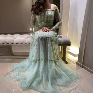 Ships in 1 to 3 Days - Dubai Arabic Sage Green Mermaid Evening Gown with Beaded Detailing - Luxury Party Dress for Women's Weddings 2024