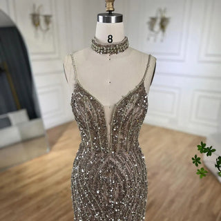 Silver Nude Mermaid Split Strap Evening Dress: Spaghetti Strap, Beaded Prom Gown for Women's Party 2024