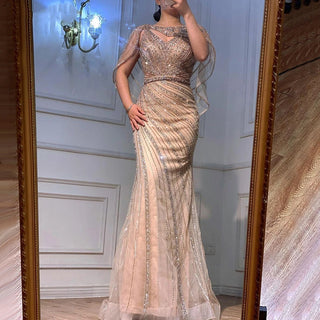 Arabic Champagne Dubai Mermaid Evening Dress with Cape: Luxury Beaded Formal Prom Dress for Women's Wedding Party