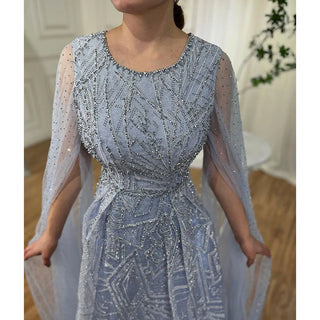 Blue Muslim A-Line Evening Dress 2024 with Cape Sleeves, Beaded Luxury - Ideal for Women's Wedding Party