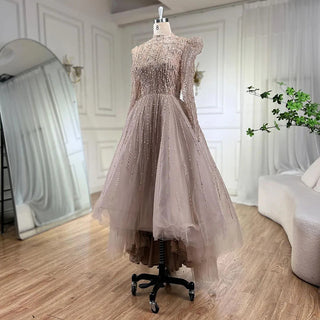 Muslim A-Line Luxury Pearls Beaded Nude Midi Ankle-Length Evening Dress - Formal Women's Wedding Party