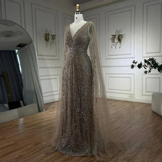 Customized Arabic Nude Luxury A-Line Beaded Evening Dress with Cape Sleeves for Women’s Wedding Party