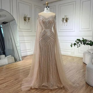 Ships in 1 to 3 Days - Nude Arabic Mermaid Cape Sleeves O-Neck Beaded Evening Dress - Luxury Gown for Women's Wedding Party 2024