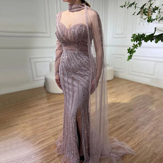 Arabic Pink Mermaid Evening Dress 2024 - Cape Sleeve, High Split, Beaded Gown for Women's Wedding Party