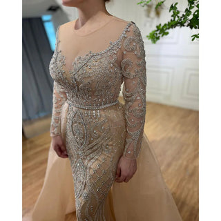 Nude Luxury Muslim Mermaid Evening Dress with Beaded Overskirt - Elegant Gown for Women's Party 2024