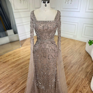 Ships in 1 to 3 Days - 2024 Arabic Caramel Mermaid Long Evening Dress with Beaded Cape Sleeves Gown for Women's Wedding Party