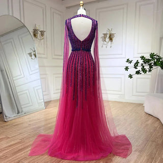 2024 Arabic Fuchsia Cape Sleeves A-Line Beaded Evening Dresses Long Celebrity Gowns for Woman Wedding Party