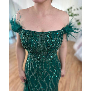 Green Mermaid High Split Evening Dress - Luxurious Beaded Feather Embellishments for Women's Wedding, Prom, or Party 2024