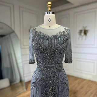 Arabic Gray Elegant Tea Length Mermaid Beaded Luxury Evening Dresses Gowns for Women's Wedding Party 2024