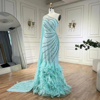 Ships in 1 to 3 Days - Mint Mermaid One-Shoulder With Overskirt Beaded Feathers Evening Dress - Gown for Women's Wedding Party