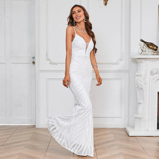 Sexy White Sequin Strap Party Maxi Dress - Long Evening Dress for Women