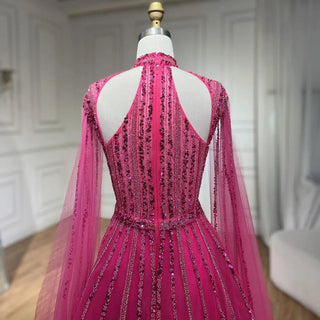 Arabic Fuchsia A-Line Cap Sleeve Beaded Luxury Dubai Evening Dress - Gown for Women's Wedding Party 2024