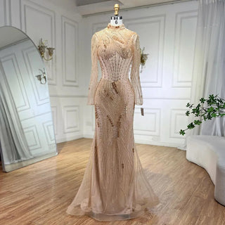 Dubai Gowns Nude Illusion Pearls Beaded Feathers Mermaid Long Evening Dress - for Women Wedding Party 2024