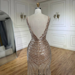 2024 Gold Mermaid Spaghetti Strap Side Slit Beaded Luxury Evening Dresses Gowns for Women Wedding Party