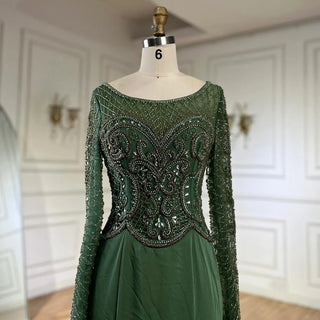 2024 Muslim Elegant Green Satin Mermaid Beaded Luxury Dubai Evening Gown for Women's Party