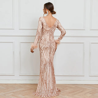 Elegant Long Sleeve Sequin Evening Dress - Gold Party Maxi Dress