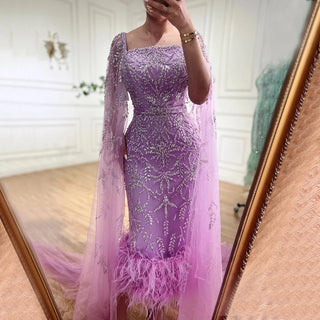 Lilac Majesty: 2024 Mermaid Ankle-Length Midi Feather Beaded Luxury Evening Dress with Cape - Gown for Women's Party