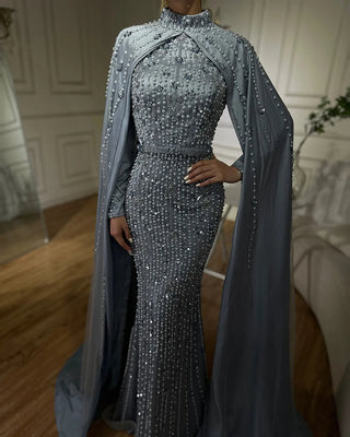 Ships in 1 to 3 Days - 2024 Luxury Dubai Blue Muslim Mermaid Beaded Evening Gown with Cape Sleeves for Women's Party