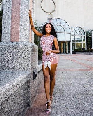 Elegant Sheer Pink Mini Dress with Intricate Crystal Embellishments