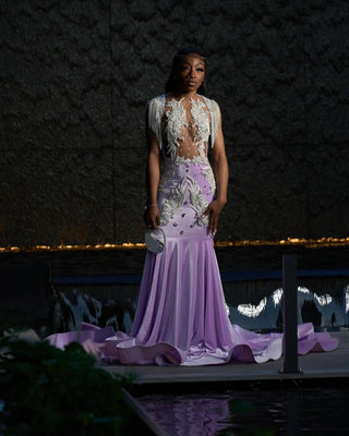 Exquisite Sheer Embellished Gown with Crystal Appliqué and Floor-Length Train