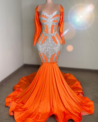 Orange Satin Mermaid Gown with Crystal Embellished Bodice