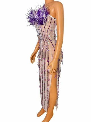 Luxurious Lavender Feather and Sequin Embellished Sheer Midi Dress