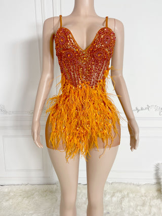 Ready To Ship in 1 to 3 Days - Vibrant Beaded and Feathered Mini Dress with Spaghetti Straps