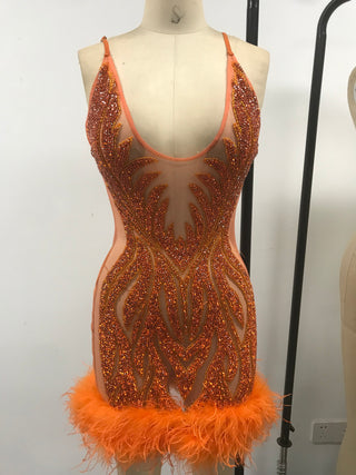 Dazzling Beaded Mini Dress with Feather Hem and Sheer Panels