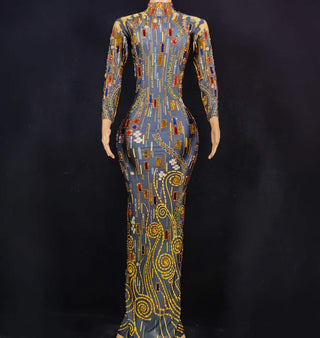 Intricate High-Neck Long Sleeve Beaded Gown