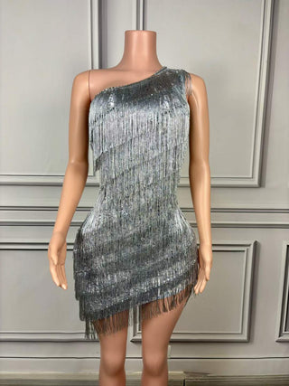 Dazzling One-Shoulder Silver Fringe Mini Dress