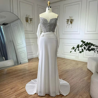 White Arabic Evening Gown with Crystal Beaded Dress and Gloves for Occasion