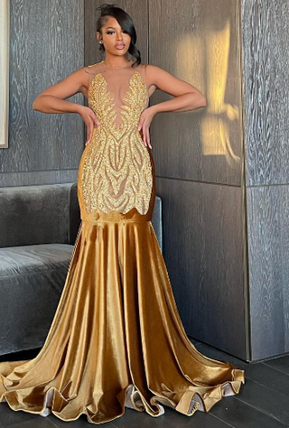 Golden Sequin Fitted Gown with Dramatic Train and Open Back