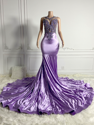 Luxurious Purple Satin Mermaid Gown with Beaded Neckline and Dramatic Train