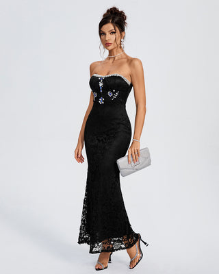 Ships in 1 to 3 Days - Strapless Lace Gown with Embroidered Floral Accents