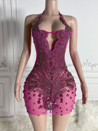 Exquisite Beaded Halter Mini Dress with Intricate Detailing