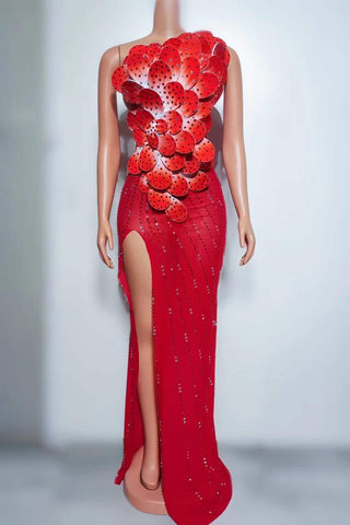 Show-Stopping Asymmetrical Floral Embellished Gown with High Slit