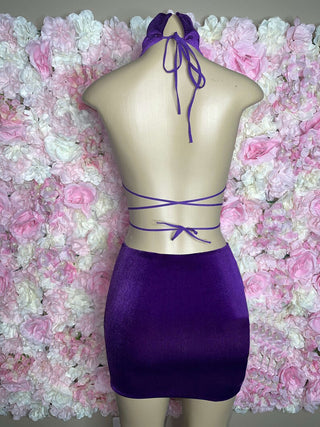 Luxurious Purple Velvet Halter Dress with Rhinestone Fringe and Open Back