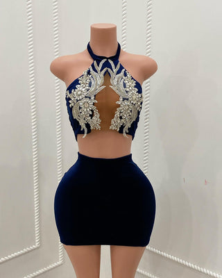 Navy Blue Velvet Two-Piece Dress with Silver Embroidery and Halter Cutout