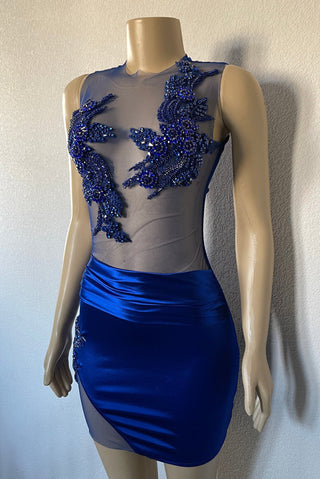 Alluring Sheer Blue Mini Dress with Beaded Appliques