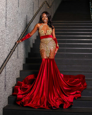 Scarlet Satin Mermaid Gown with Gold Embellishments and Sheer Details